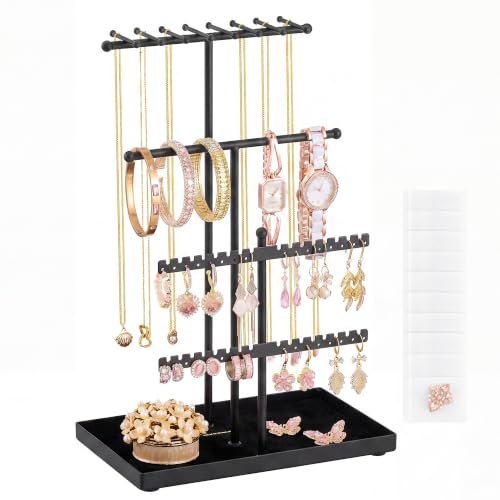SONGMICS Jewelry Organizer Stand, Steel and Plush Fabric 3-Tier Necklace Holder, 7.1 x 4.3 x 11.6 Inch, with 10 Storage Bags for Rings and Earrings, Ink Black, CAELEY Collection UJJS036B101