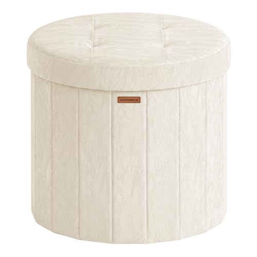 SONGMICS Mazie Collection - Round Storage Ottoman, Folding Footrest Stool with Removable Lid, Easy Assembly, PU Leather Vanity Stool for Bedroom, Living Room, Entryway, Cream White ULSF609WD01
