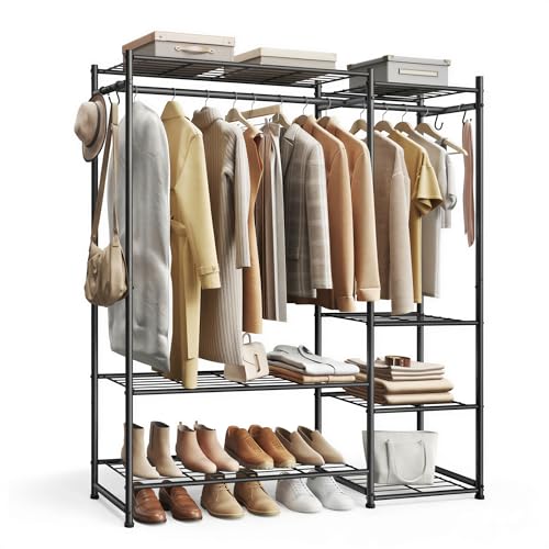 SONGMICS Portable Closet Wardrobe, Clothes Rack, Closet Organizers and Storage, Freestanding Clothing Rack with 7 Shelves, 2 Hanging Rods, Metal Frame Rack, for Bedroom, Entryway, Black ULGR010BZ03S