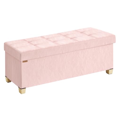 SONGMICS Storage Ottoman Bench, PU Leather Foldable Footrest with Padded Seat, 43.3 x 15 x 15.7 inches, Pink, Sturdy Space Saving Chest for Bedroom, Minota Collection ULSF524SA01