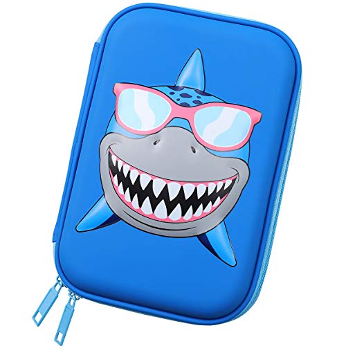 SOOCUTE Cool Shark Embossed School Boys Big Hardtop Pencil Case with Compartment - Cute Stationery Supply Organizer Box Pen Holder for Kids Children Toddlers(Royal Blue)