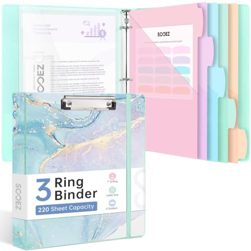 Sooez 3 Ring Binder 1 Inch, Clipboard Binder with 5-Tab Pockets Dividers & File Folder, Premium Cute Binder Organizer with Pen Holder, Clip Board 11" x 8.5" with Storage, School Office Supplies