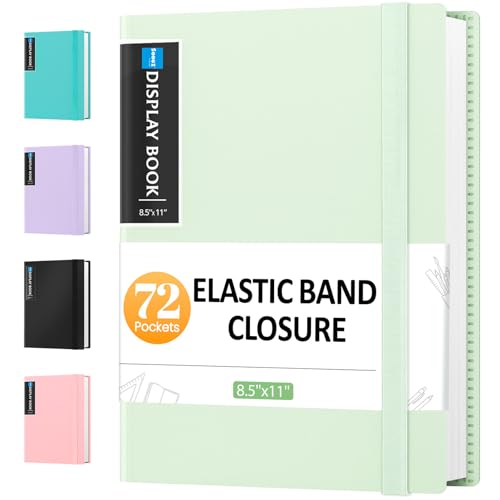 Sooez 72 Pocket Binder with Plastic Sleeves & Elastic Band, Large Capacity 8.5x11 Presentation Book Display 144 Pages, Art Portfolio Document Folder with Clear Sheet Protectors for Office School