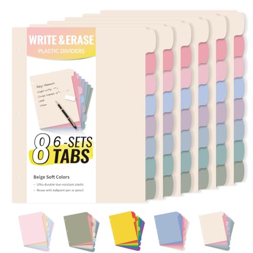 Sooez 8 Tabs Long-Lasting Plastic Write & Erase Large Tabs Dividers for 3 Ring Binder, Aesthetic Cute Pastels Binder Dividers for Student, Teacher, Office, Home Organizers, 6 Sets, Beige Color