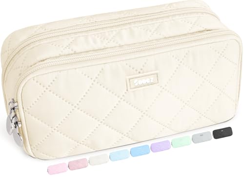 Sooez Large Pencil Case Pouch, Extra Big Pencil Bag with 8 Compartments, Pen Bag Wide Opening, Soft Quilted Pencil Pouch Organizer with Zipper, Portable Pencil Case for Teen Girls, Beige