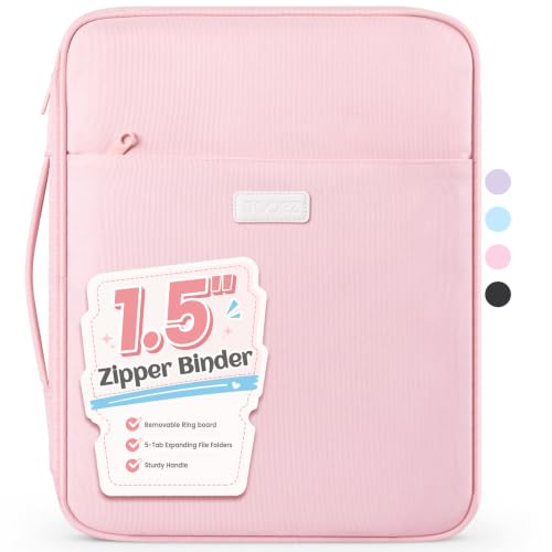 Sooez Zipper Binder Bag, 1.5 Inch Binders 3 Ring O-Ring, 5-Tab Dividers Expanding File Folder, 650-Sheet Capacity Paper Organizer, Cute Organizer Storage for Student School Classroom Supplies, Pink