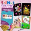 SOOVSY 4-in-1 Foil Art Craft Kit for Girls Ages 4-8 – Mess-Free, No-Glue Foil Fun, Scratch Art, Crayon Coloring & Watercolor – Unicorn & Princess Themes – Birthday Gift, Travel Toy, Kindergarten Gift