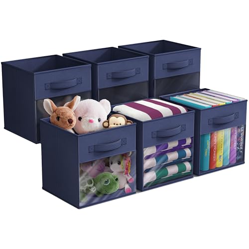 Sorbus 11 Inch Storage Bins with Clear Window - 6 Foldable Baskets for Organizing Clothes, Toys, Books - Sturdy Collapsible Fabric Storage Cubes with Handle - Storage Baskets for Shelves, Closets