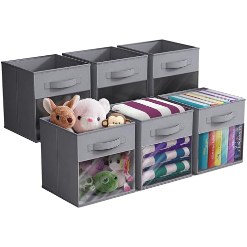 Sorbus 11 Inch Storage Bins with Clear Window - 6 Foldable Baskets for Organizing Clothes, Toys, Books - Sturdy Collapsible Fabric Storage Cubes with Handle - Storage Baskets for Shelves, Closets