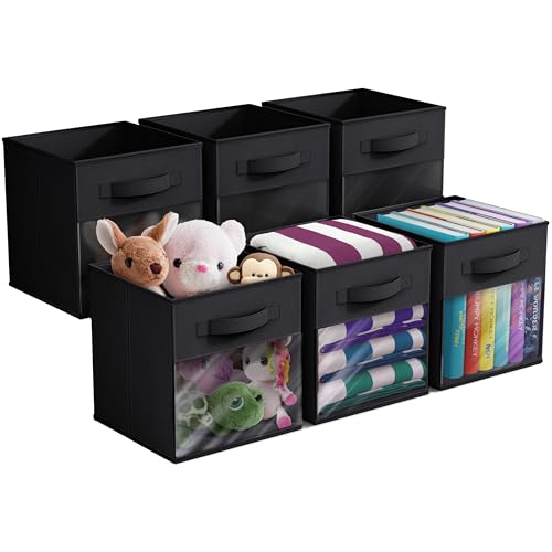 Sorbus 11 Inch Storage Bins with Clear Window - 6 Foldable Baskets for Organizing Clothes, Toys, Books - Sturdy Collapsible Fabric Storage Cubes with Handle - Storage Baskets for Shelves, Closets