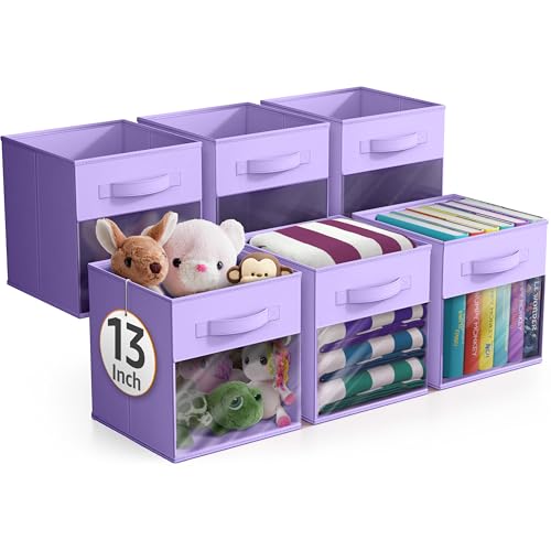 Sorbus 13 Inch Storage Bins with Clear Window - 6 Foldable Baskets for Organizing Clothes, Toys, Books - Sturdy Collapsible Fabric Storage Cubes with Handle - Storage Baskets for Shelves, Closets