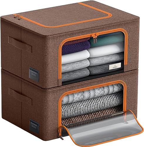 Sorbus® Storage Bins Boxes, Foldable Stackable Container Organizer Basket Set with Large Clear Window & Carry Handles, for Bedding, Linen, Clothes (Brown)