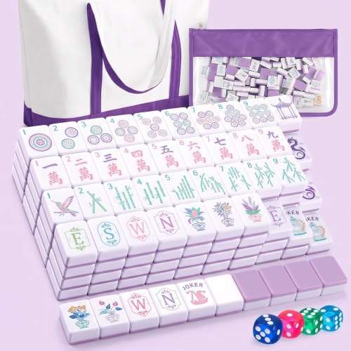Soulchen 1.2 Inch Purple Houseplant American Mahjong Set, 168 Pcs Engraved Tiles with Large Tote Bag Dice Portable Pouch Complete American Mahjong Set for Game Night Travel Vacation Collection Gift