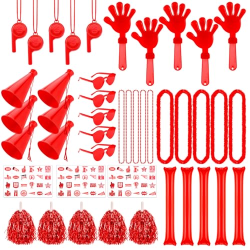 Soulchen 360 Pcs Red Team Spirit Accessories Bulk Field Day Accessories Pep Rally Color War Camp Spirit Events Party Items Cheerleading Pom Poms Clappers Thunder Stick Whistle Megaphone