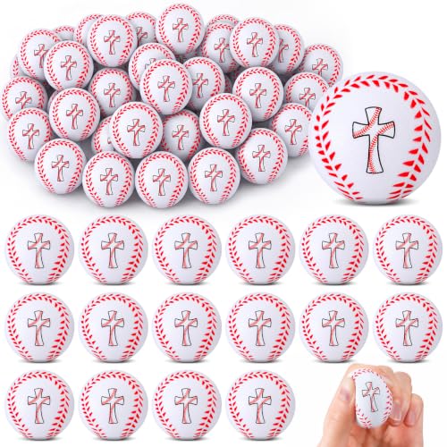 Soulchen 48 Pcs Mini Baseball Cross Strees Ball Baseball Christian Cross Gifts Sports Bulk Squeeze Stress Balls for Athletes, Team Training, Religious Events, 1.57 Inch Foam Relief Squeezables