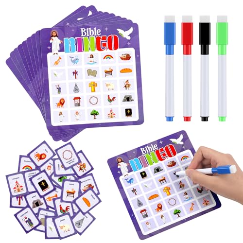 Soulchen 52 Pcs Bible Games Dry Erase Bingo Game 24 Players Bingo Cards for Party Favors Family Classroom Activities Party Supplies