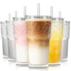 SoulTimes 20oz Ribbed & Floral Glass Tumbler with Lid and Straw – Iced Coffee Glasses Cups for Smoothie, Matcha, Juice, Water etc. Leakproof and Reusable Glassware Drinking for Travel To Go [6Pcs]