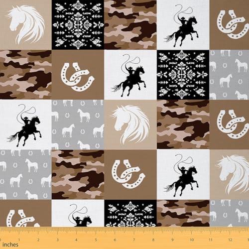 Southwestern Cowboy Fabric by The Yard Tribal Ethnic Style Plaid Fabrics for Sewing Lovers Brown Camouflage Horse Decor Fabric for DIY Soft Flannel Polyester No Stretch 2 Yards,72" L x 59" W