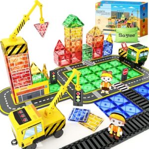 Soyee Magnetic Tiles Magnetic Construction Toys with 2 Cranes Boys Toys for Ages 3-5 5-7 Magnet Building Blocks Chritmas Gifts Boys Sensory Autism Montessori Toys Gift for 3+ Year Old