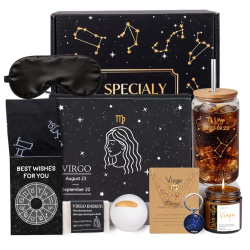 Soyminer 13Pcs Virgo Gifts For Women, Virgo Birthday Gifts For Women With Necklace, Glass Cup, Greeting Card, Astrology Self Care Package For Friend, Girlfriend, Sister, Mom, Daughter, Zodiac Gift