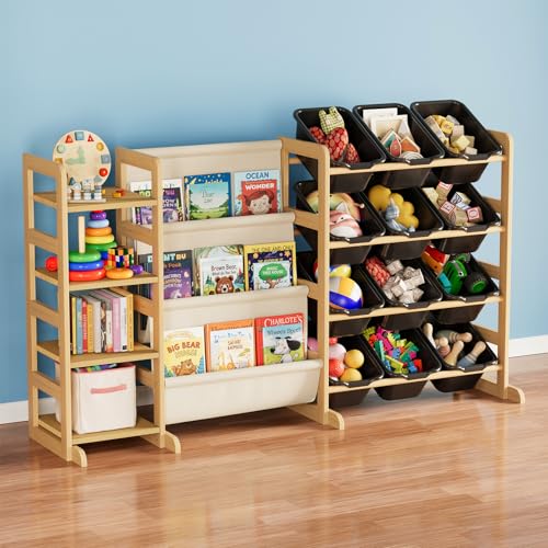 SpaceAid 3-in-1 Toy Storage Organizer with 4 Shelves and 12 Bins, Toy Organizers Storage 3-Tier Bookshelf, Kids Bin Shelf Box Bookcase for Bedroom Playroom Organization Room Decor, True Black