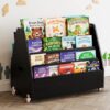 SpaceAid Double-Sided Mobile Bookshelf, Montessori Bookcase for Toddlers, Wooden Book Storage Organizer Shelf Furniture for Kids Rooms, Playroom, Nursery and Classroom, 29.5“ Wide 4-Tier, Black