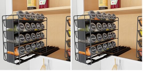 SpaceAid Pull Out Spice Rack Organizer with 20 Jars, Heavy Duty Slide Out Seasoning Organizer for Kitchen Cabinets, with 801 Labels and Chalk Marker, Right Facing (Pack of 2)