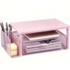 Spacrea Desk Organizer and Accessories, Computer Monitor Stand Riser with Drawer and 1 Open Pen Holder, Printer & Laptop Stand, Office Desk Accessories for Home Office Supplies (Pink)