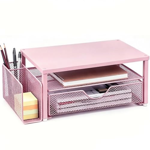 Spacrea Desk Organizer and Accessories, Computer Monitor Stand Riser with Drawer and 1 Open Pen Holder, Printer & Laptop Stand, Office Desk Accessories for Home Office Supplies (Pink)