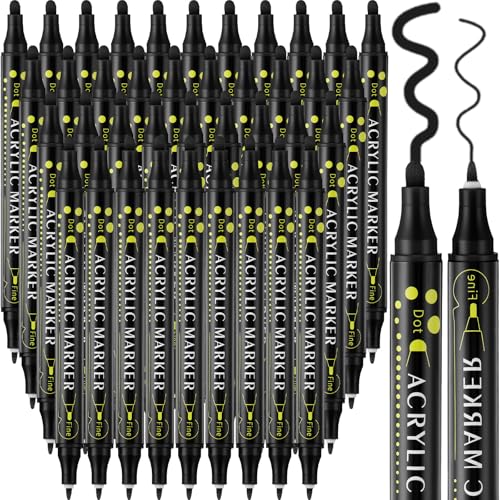 Spakon 36 Pcs Black Acrylic Paint Markers, Dual Tip Acrylic Paint Pens Markers, Fine Tip Permanent Marker for Rock Painting, Glass, Wood
