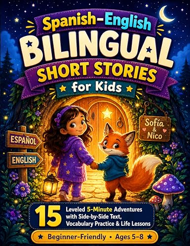 Spanish–English Bilingual Short Stories for Kids: 15 Leveled 5-Minute Adventures with Side-by-Side Text. Includes Power Phrases, Vocabulary Practice,Conversation Questions & Life Lessons for Ages 5–8