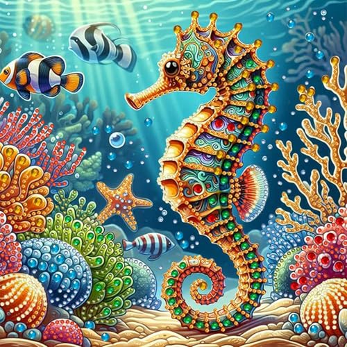 Special Shape Diamond Art Kits for Adults — 5D Seahorse Ocean Diamond Painting Partial Drill, Crystal Rhinestone Animal DIY Diamond Paintings Gem Art Craft Beginner Gift Wall Decor 11.8×11.8in