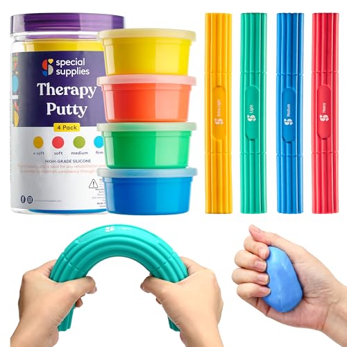 Special Supplies Physical Hand Therapy Putty & Flex Therapy Bar Resistive Hand Exercise Kit – Improve Grip, Strength, Dexterity & Mobility – Injury & Stress Relief – 8 Piece Set