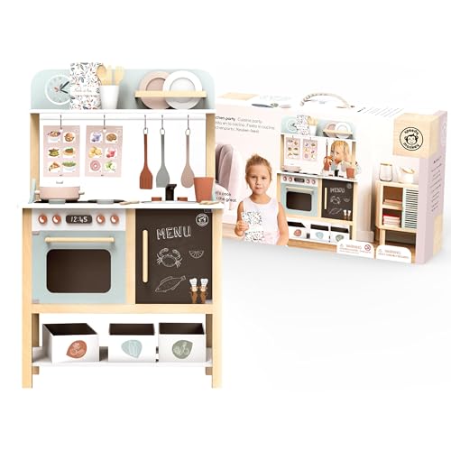 SPEEDY MONKEY Wooden Play Kitchen Set for Pretend Play | 20-Piece Kids Cooking Set with Wooden Food & Cookware Accessories | Supports Imaginative Play & Social Skill Development for Kids Ages 3+