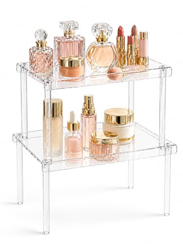 Spice Organization for Cabinet, 2 Pack Stackable Acrylic Shelf Set, Versatile Spice Rack Organizer for Kitchen Pantry, Countertop, Bathroom, Office, Apartment, Ideal for Small Spaces and Gift Giving