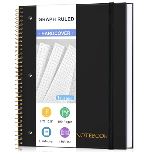 Spiral Notebook Graph Ruled Paper 8" x 10 1/2", 1 Subject Spiral Grid Notebook 3-Hole Punched Perforated Page Ideal for School, Office, Writing, 95 Sheets Lined Journaling Graphing Notebook, Black