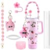 Spmtowft 40 oz Tumbler with Handle and Straw, Carrier Bag, Gym Water Bottle Travel Mug and Sleeve Holder for Men Women (Pink strawberry with 5pcs Accessory Kit)