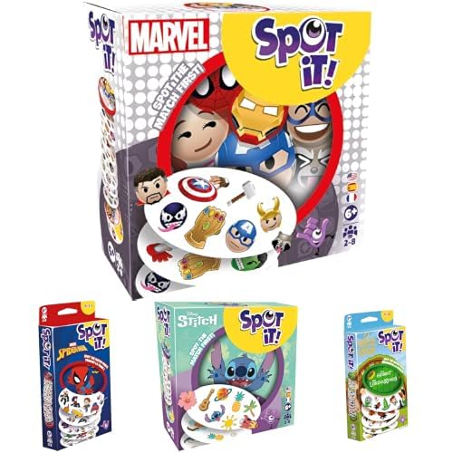 Spot It! Pop Culture 4-Pack Fun Pack: Includes Marvel Emojis, Spider-Man, Disney Stitch, and The Lord of the Rings Card Games – Fast-Paced Travel Games for Family Game Night – Ages 6+
