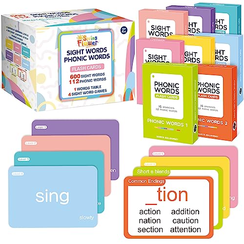 SpringFlower 712 Sight Words Flash Card,600 Dolch & Fry High Frequency Sight Word,112 Phonic Flash Cards for Kindergarten Homeschool Supplies Games for Kids Pre-K, Kindergarten, 1st, 2nd, 3rd Grade