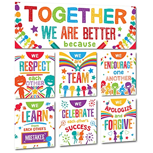 Sproutbrite 7 Educational Posters & Charts - Big Banner 13.5" x 39" Smaller 12" x 13.5" - Together We Are Better Banner & Teacher Posters - Bulletin Board and Wall Decor for Pre, Elementary and Middle School - Promotes Respect, Teamwork, and Positive Classroom Values