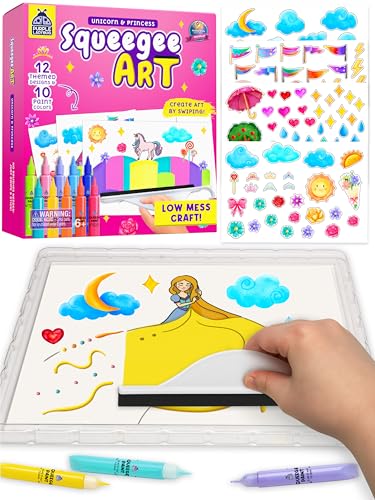 Squeegee Rainbow Squeeze Art Kit for Kids - Princess & Unicorn Painting Kit with Kids Stickers & Mess Free Paints - Girls Birthday Gifts Age 6-7 8 10, Arts and Crafts for Girls - Gift for Girls