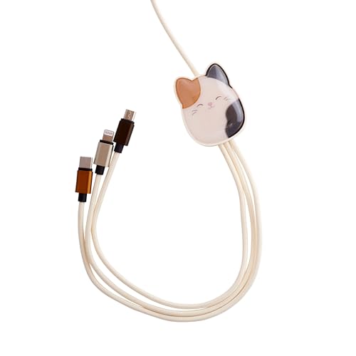 Squishmallows Cam The Cat 3 in 1 Charging Cable for iPhone, Samsung, Huawei, Sony and LG Includes Micro USB Cable, USB-C and Lightning Connector Cable Charges 3 Devices at a Time Length