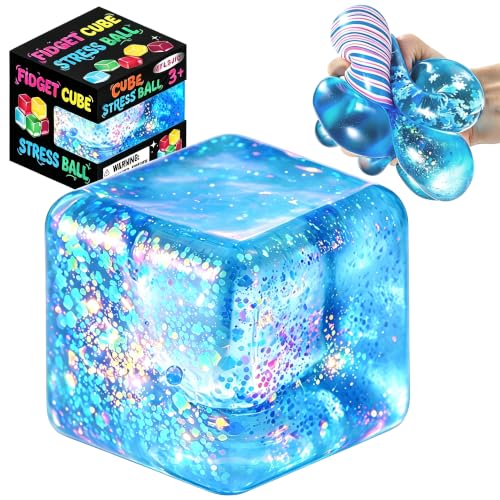 Squishy Cube for Kids & Adults, Glitter Ice Cube Squishy Slow Rising Squishy Fidget Toys, Squeeze Toys for Stress Relief, Classroom Prizes Party Favors Birthday Gifts (Glitter-Blue)