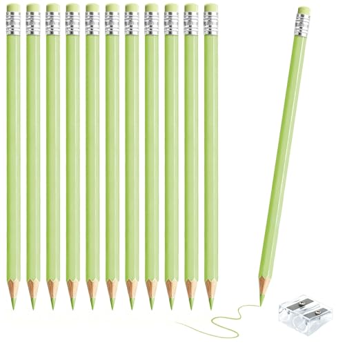 sqzrmdcg 12 PCS Macaron Green Colored Pencils with Eraser Pre Sharpened Pencil 2 HB - Ideal for Checking, Grading, Tests & Office/School Supplies