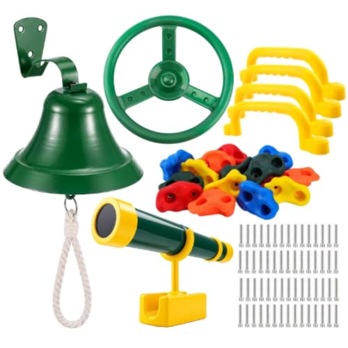 Sratte 17 Pcs Playground Accessories for Kids, Outdoor Swing Set Attachment with Ship Wheel, 10 Rock Climbing Holds, 4 Safety Handle, Hanging Bell, 3X Telescope for Backyard Playhouse Treehouse