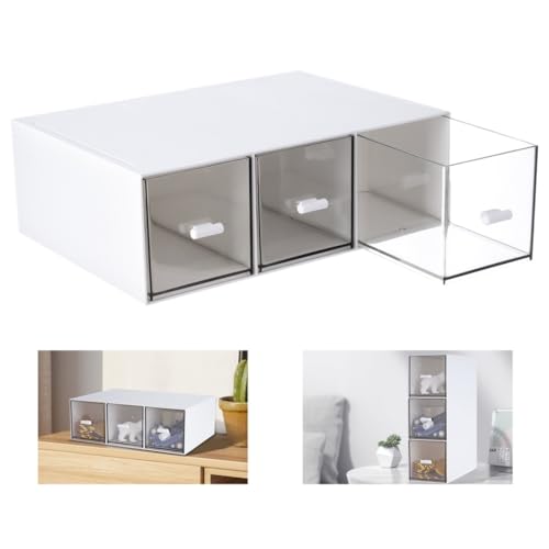 Stackable Desk Makeup Organizer, Clear Storage Case with 3 Detachable Drawers, ABS Cotton Pad Dispenser, Multifunctional Storage Container for Stationery and Cosmetics, Sundries Vanity Organizer