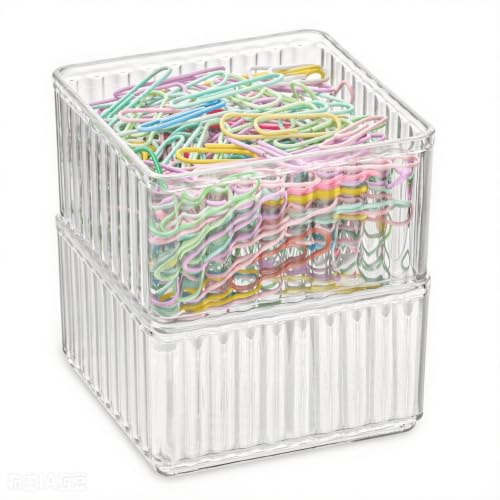 Stackable Paper Clip Holder, Clear Desk Organizer, Small Acrylic Box, Cube Acrylic Organizer, Office Supply Accessory Case for Paper Clips, Display, Hair Ties, Stamps, Desk, Home, 2 Pack
