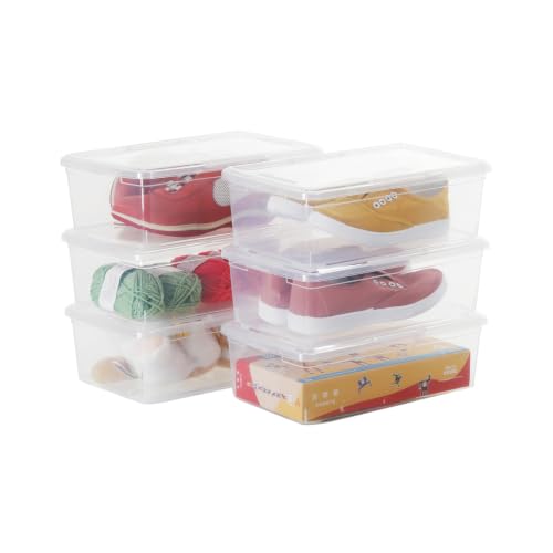 Stackable Plastic Storage Shoebox, BPA-Free Nestable Container with Latching Lid to Organize Shoes, See-Through Box for Home and Office, Multi-Purpose Storage Case, Clear Bins (6 Pack 6 Quart)