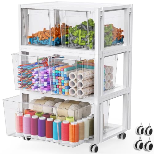 Stackable Storage Drawer Carts with Wheels, Extra Large Storage Bins 3 Tier 5Pull-Out Drawers, Clear Plastic Storage Cabinet Organizer Container for Home Office Bedroom Bathroom Art Crafts Under Desk