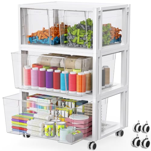 Stackable Storage Drawer Carts with Wheels, Extra Large Storage Bins 3 Tier 4Pull-Out Drawers, Clear Plastic Storage Cabinet Organizer Container for Home Office Bedroom Bathroom Art Crafts Under Desk